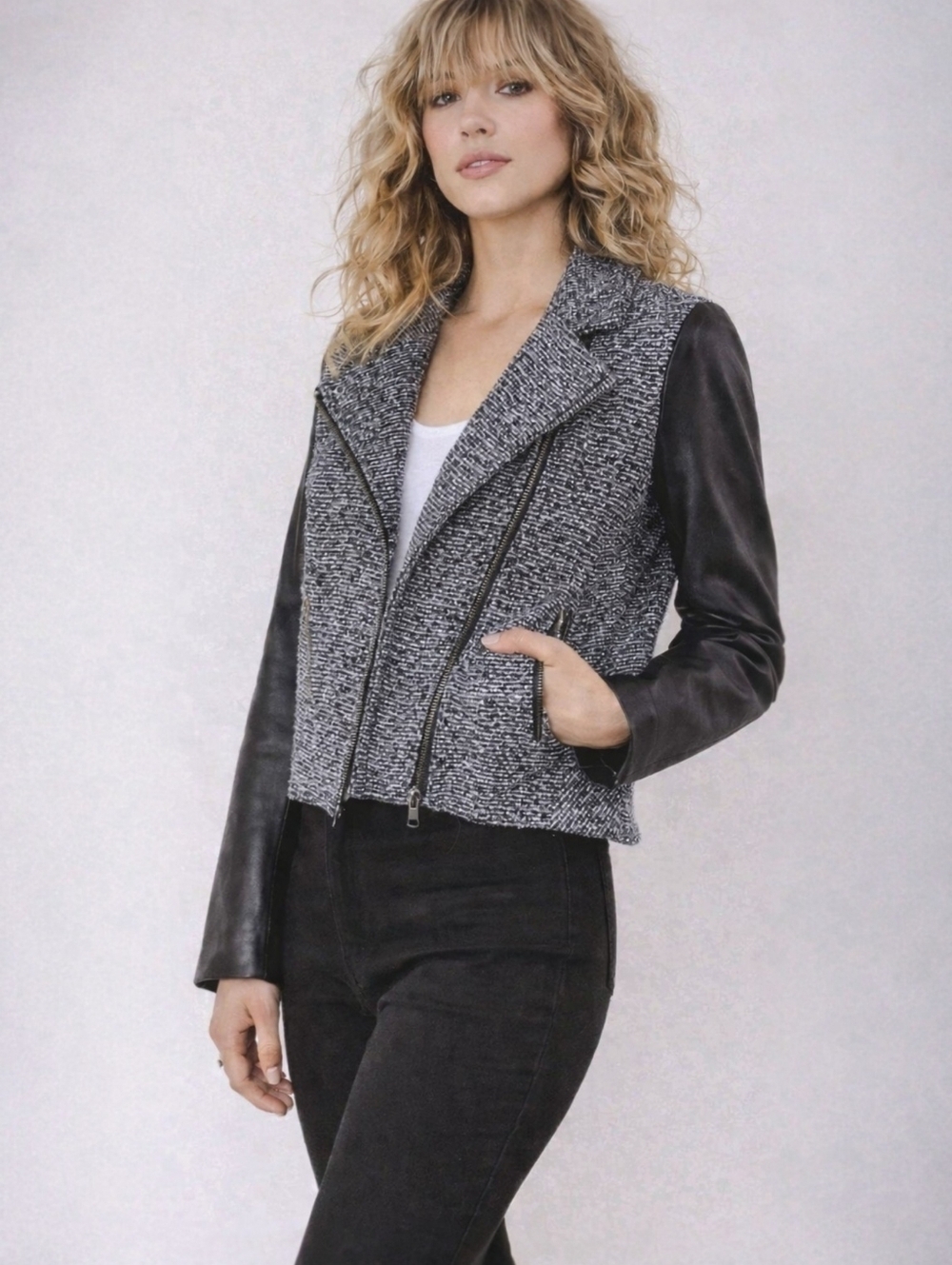 Theory Kinde C Moto Jacket Tweed Lamb Leather Sleeves Black Gray Size 8 NWT